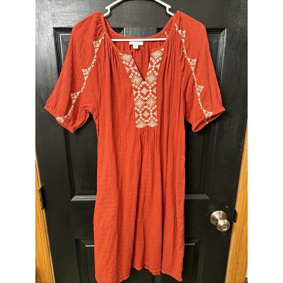 J. Jill Dresses & Skirts - J Jill Burnt Orange Dress Sz XS Embroidered Boho Western Oversized Pockets Hippi